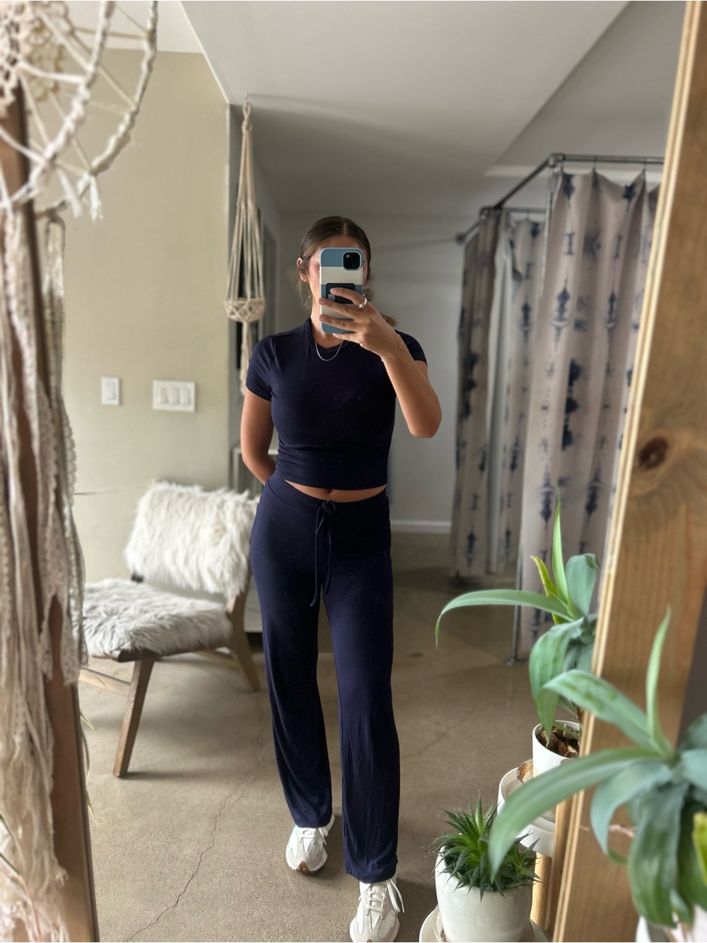 Navy Ribbed Straight-Leg Lounge Pants with Matching Crop Top